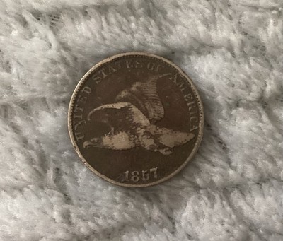 1857 U.S. Flying Eagle Copper One Cent Coin Readable Uncleaned Feathers Visible