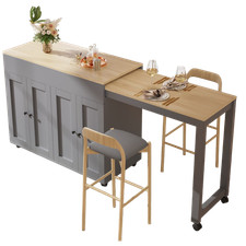 Extendable Bar Table 118-180cm, Kitchen Trolley Cart w/ 4 Doors, Shelves, Grey