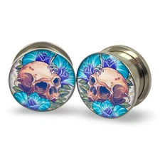 Pair of Screw on Skull and Roses Picture Plugs gauges 16g to 1 inch