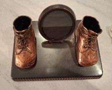Vintage Copper Bronzed Baby Shoes w/ Picture Frame. ALICE AMES INC. Boston, Mass