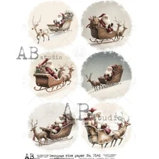 Decoupage Queen - AB Studios Rice Paper Santa in Sleigh with Reindeer A4