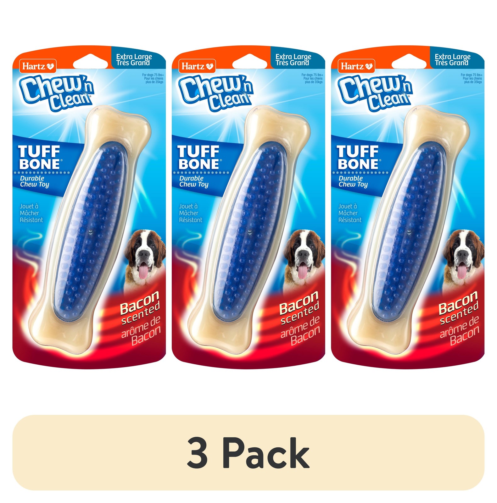 (3 pack) Hartz Chew 'n Clean Tuff Bone Dog Chew Toy, XL, Nyl