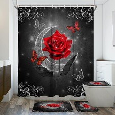 Red and Black Shower Curtain Bathroom Sets Burgundy Grey Gray Cute Elegant Fl...