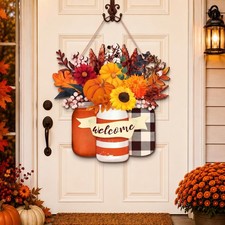 Fall Door Decor Wooden Pumpkin Hanger Welcome Sign for Front Door