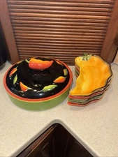 Clay Art Fiesta Bowl w/lid + 4 Serving Dishes 