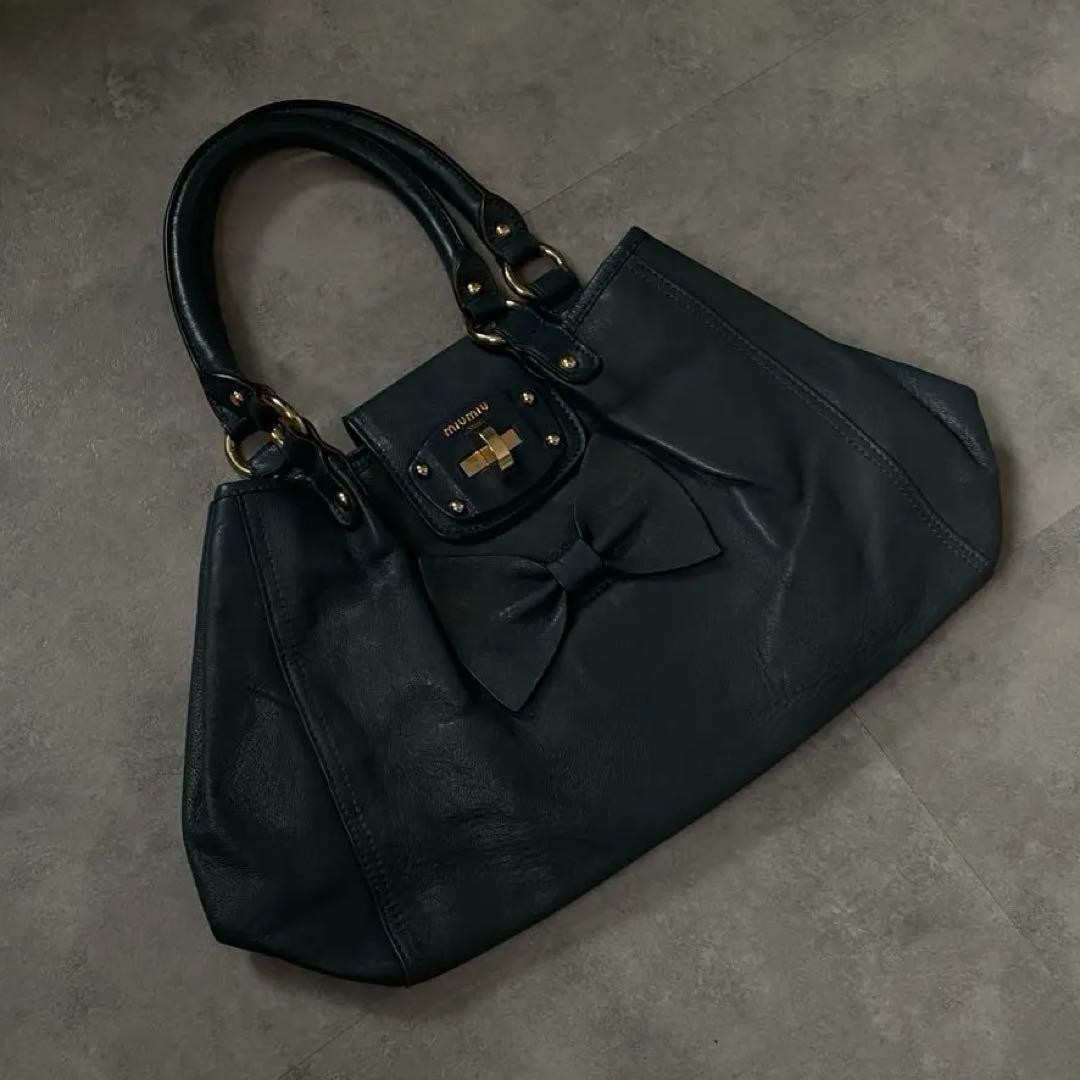 Miu Miu Hand Shoulder Bag Logo Leather Bow Navy 2way Y2K