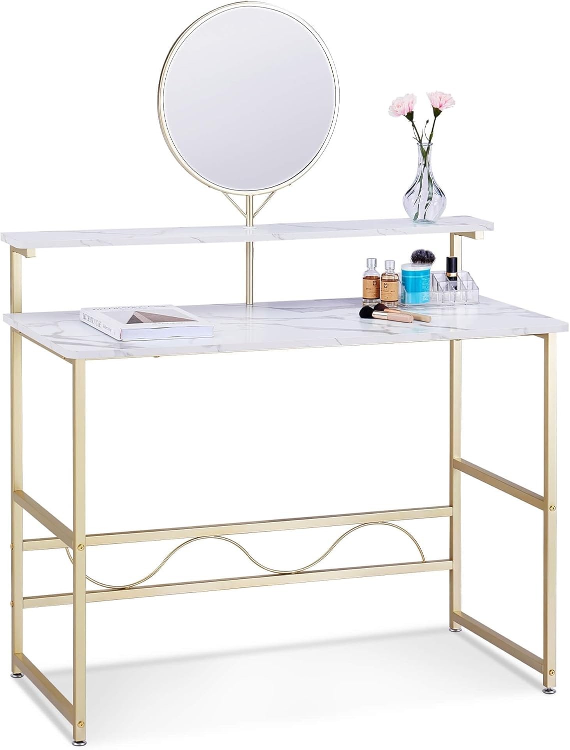 Vanity Desk with Mirror and 2 Open Shelves for Makeup Storage