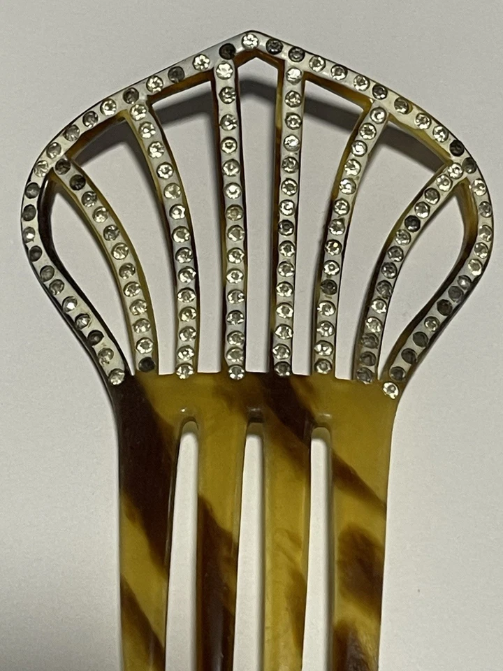 Peine de pelo de tortuga imitación celuloide cristal estrás vintage años 20 aleta curva Foto 3 de 4