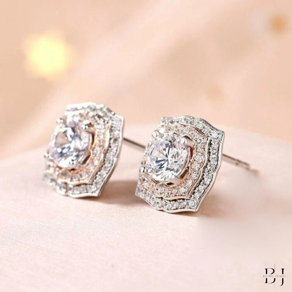 3 CT Round Cut Moissanite Stud Double Halo Earring Solid 14K White Gold For Her - Image 2 of 4