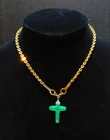 Miriam Haskell Signed Gold Tone 16" Chain Necklace w/Green Quartz Cross Pendant
