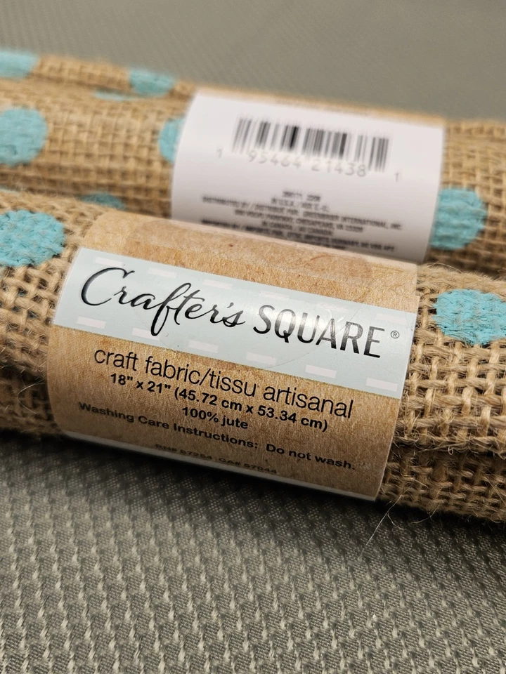 Lot Of 2 Crafter's Square Rolled Burlap Fabric, Teal Pokadots  - Image 2 of 2