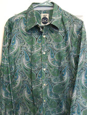 Robert Graham Mens Large Paisley Print Long Sleeve Button Down Shirt Blue Green
