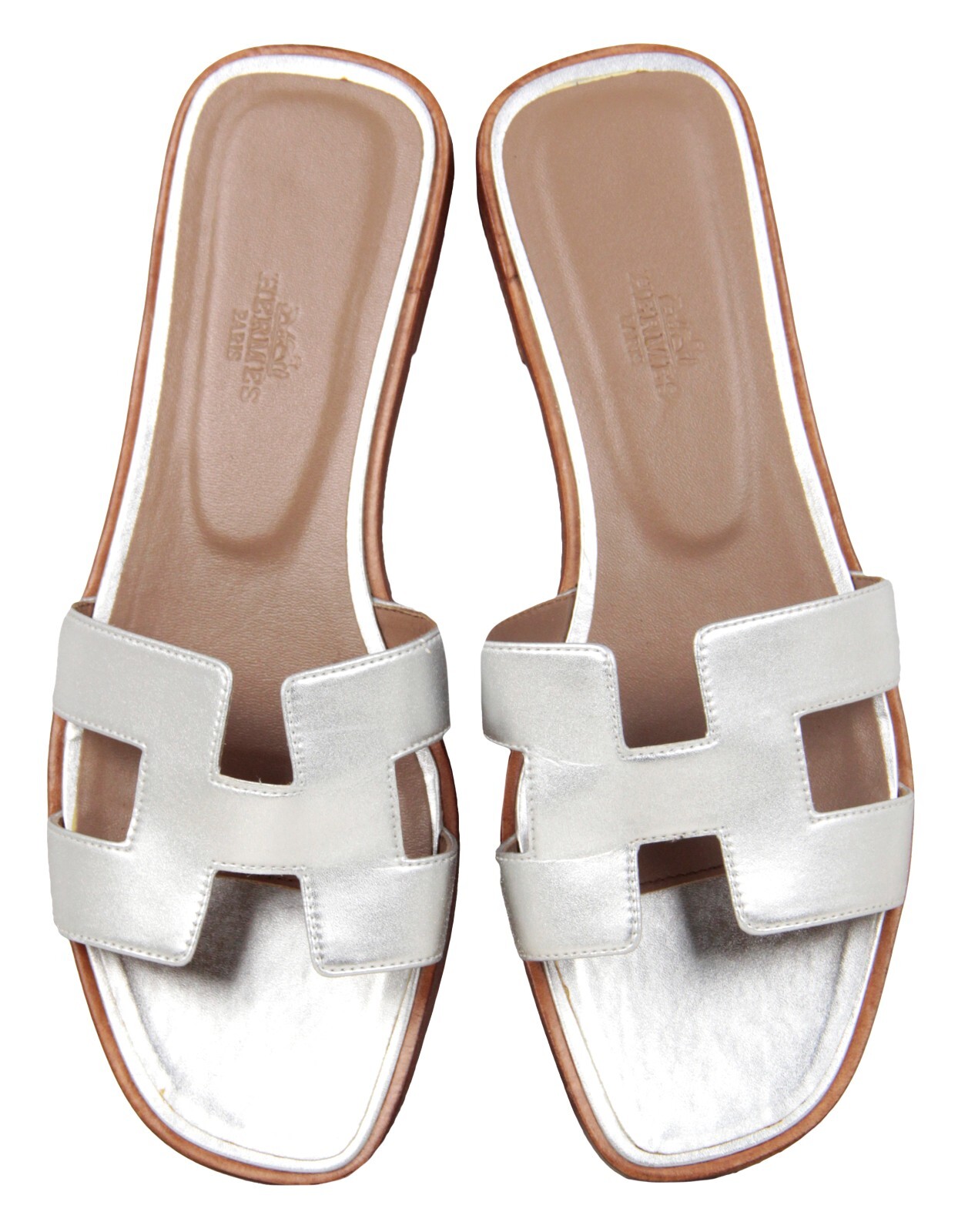 Authentic Hermes Silver Leather Oran H Slide Sandals sz 39 | eBay