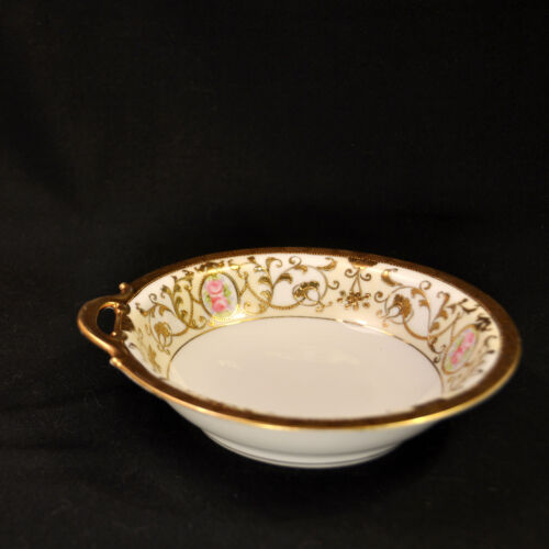 Nippon Bowl Hand Painted One Handle 7 5/16" Pink Roses w/Raised Gold 1911-1918 - Foto 1 di 14