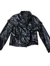Monki Women’s Black Shiny Vinyl Jacket - Ruffle Trim Size S 10 Faux Leather