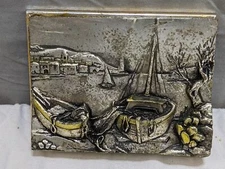 Vtg Silver ARG 925 3D Relief Picture Beached Sailboats Middle Eastern Houses 5x4
