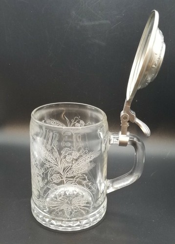 Pair Vintage German Glass Beer Stein w/ Pewter Lid & Crest Etched - Picture 8 of 10