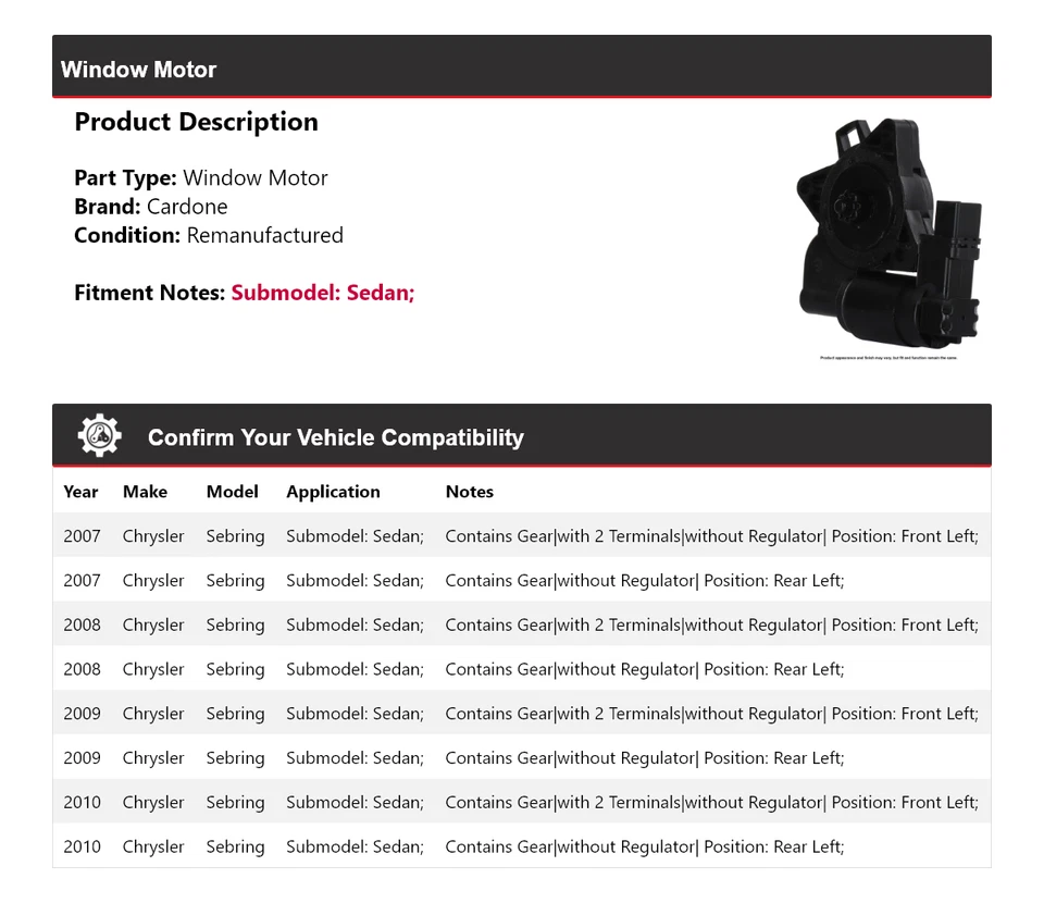 Para Chrysler Sebring 2007-2010 sedán ventana motor cardone 2008 2009 Foto 2 de 4
