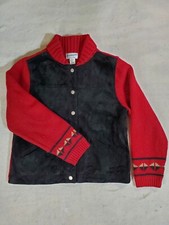VINTAGE Pendleton Aztec Red Lambs Wool Knit Black Suede Snap Front Jacket Sz L