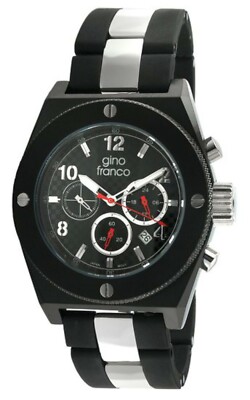 NEW Gino Franco 9657BK Men's Marathon Round Chronograph SS Rubber Link Watch