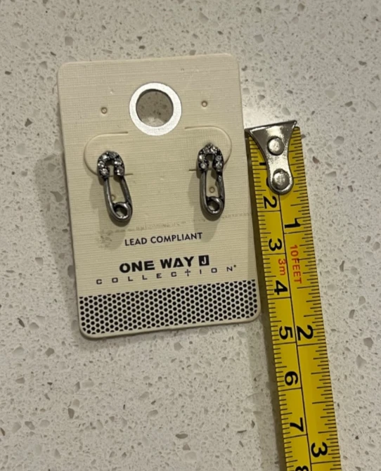 Earrings One Way Collection Pierced Safety Pin Shaped Silver Tone Rhinestones - Image 3 of 3