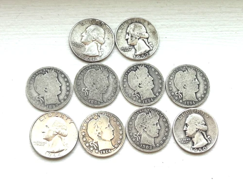Lot of 10 BARBER & Washington QUARTERS 90% Silver $2.50 Face Value LOOK!