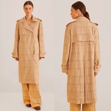 Farm Rio Khaki Pineapple Cotton Eyelet Trench Coat XS Bohemian Oversized New