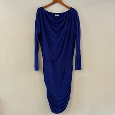 Athleta Dress L Blue Cowl Neck Ruched Midi Draped Jersey Travel Chic Athleisure