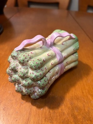 Herend Asparagus Dish Trinket Box Pink Ribbon Bow Porcelain Hungary