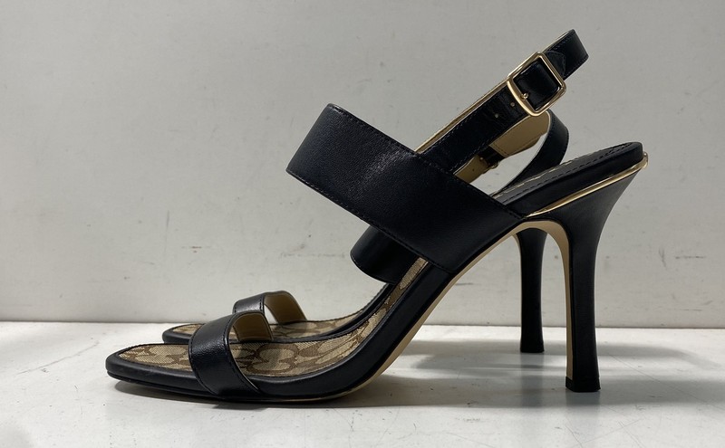 Coach Tally Black Leather Signature C Jacquard Stiletto Heel Sandals Size 10B