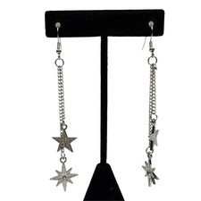 Long Silver Tone Star Dangle Drop Earrings Celestial Chain Fashion Jewelry 3.5in