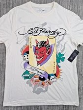 Ed Hardy Joker Red Devil Tattoo Poker Card White T-Shirt Men's Medium NWT