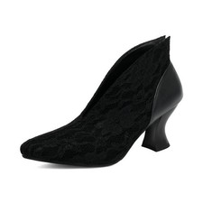 Women's V-Cut Round Toe Lace Kitten Block Heel Pumps Slip On Party Wedding Shoes