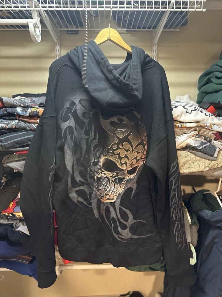 Sudadera con Capucha Tribal Calavera Gótica Directa Espiral Y2K Doble Cara Algodón Negro Para Hombres XL Foto 2 de 4