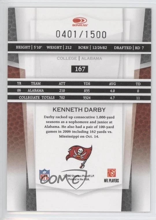 2007 Leaf Certified Materials New Generation /1500 Kenneth Darby #167 Rookie RC - Image 2 of 2