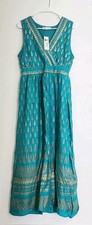 Lapogee Women's Large Boho Floral Maxi Dress V-Neck, Sleeveless, Teal Green Gold