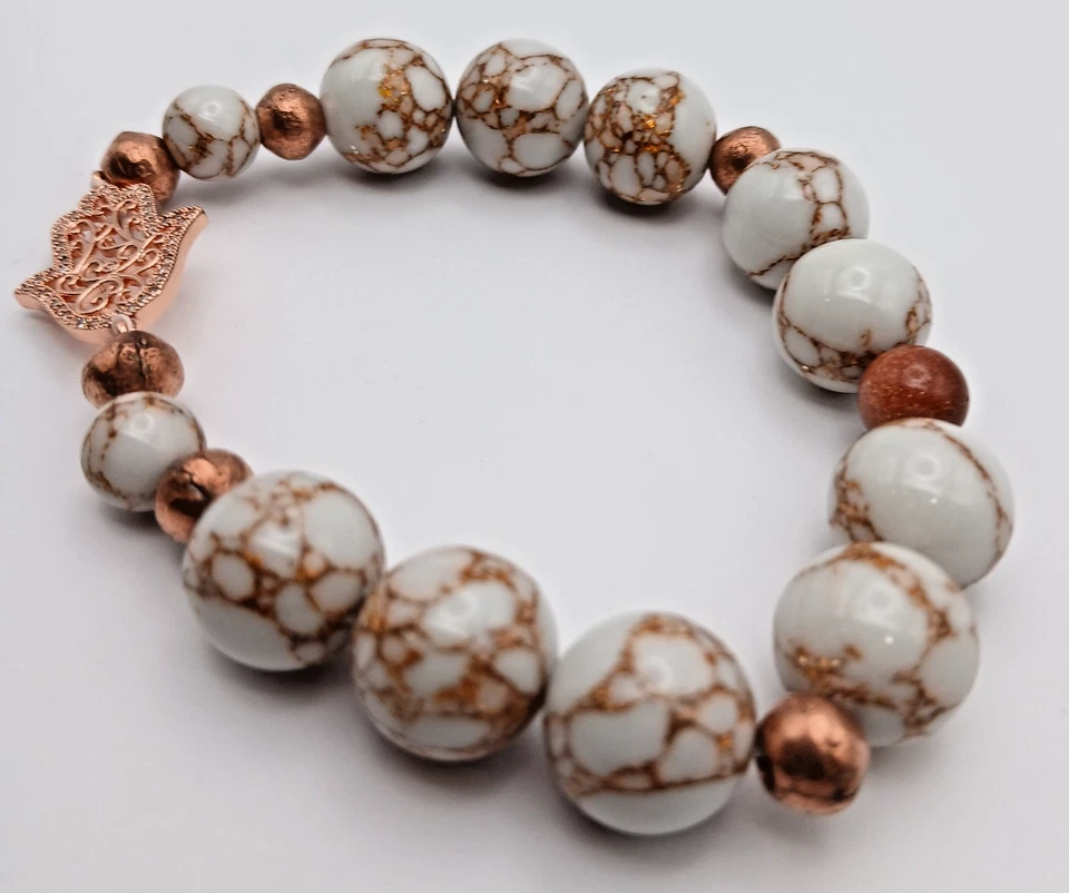 Jeweled Copper Hamsa White Howlite w/ Copper Veins Goldstone Beaded Bracelet - Image 2 of 4