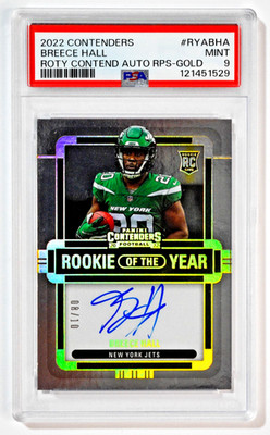 2022 Panini Contenders Breece Hall ROTY RPS Gold Auto /10 RC Rookie PSA 9 Jets