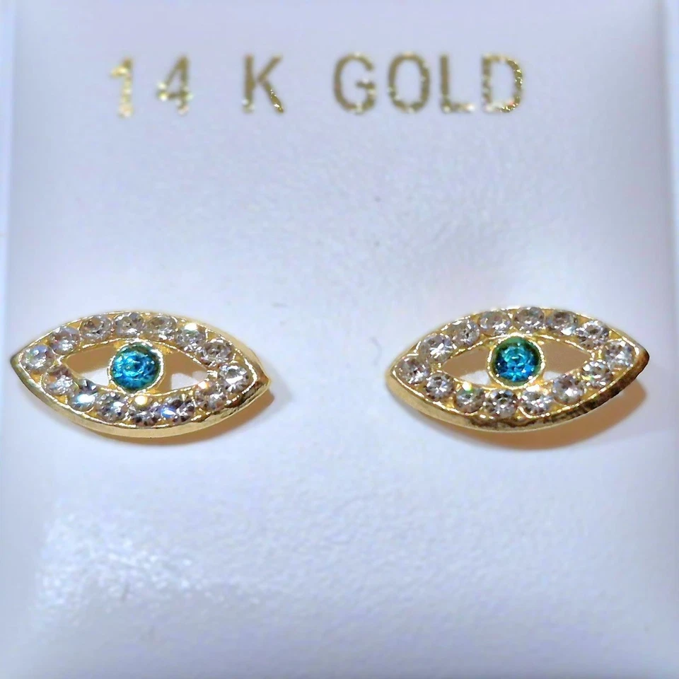 Pendientes de oro macizo 14K REALES azul aguamarina circonita cúbica mal de ojo atornillado trasero niñas joyería Foto 3 de 4