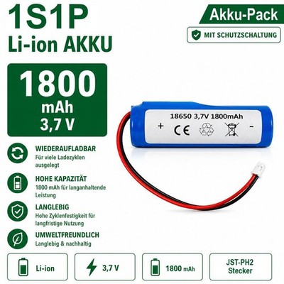 1S1P Akku-Pack 3.7 V 1800 mAh Li-Ion mit JST-PH 2 Stecker, BMS Board