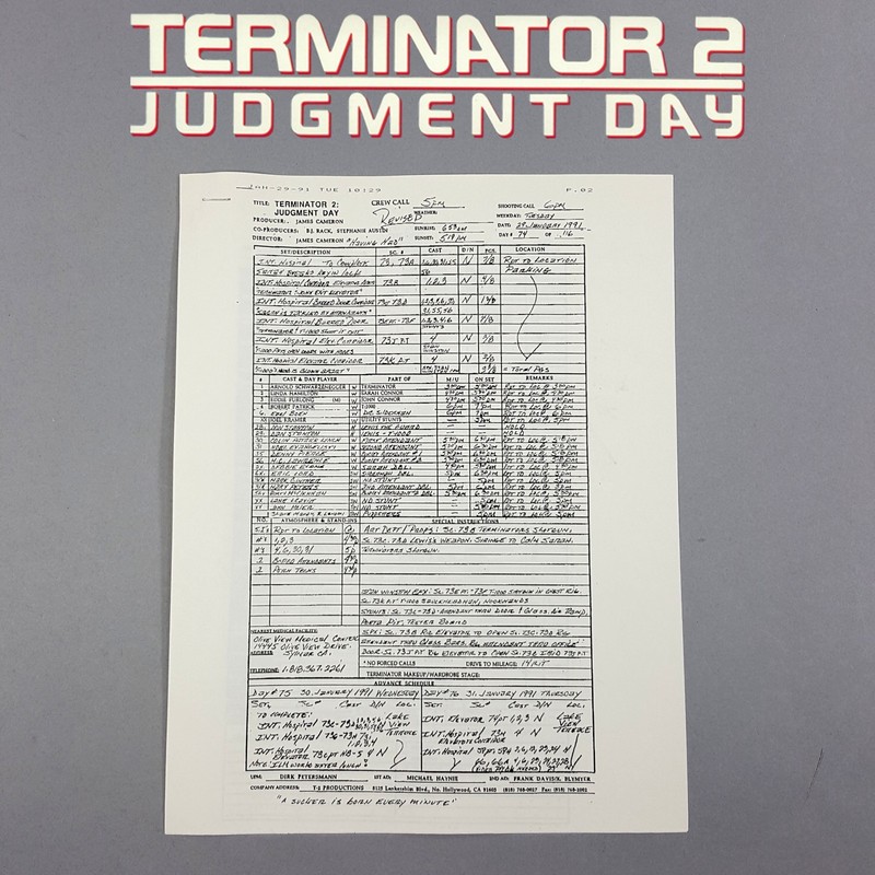 Image 9 of Terminator 2 - Production Used Call Sheet, Sarah Escapes Hospital, Notes on Back