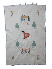 53x37" Vtg 1950s BABY KID QUILT Handmade Snow White & Seven Dwarves AMAZING!