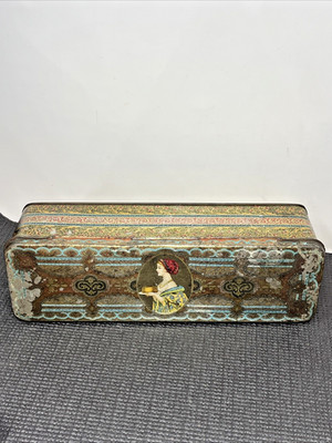 Vintage Hostess Fruit Cake Tin 11x3.5x3.25 Blue Yellow Woman