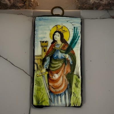 Hand Painted Saint Barbara Ceramic Tile Plaque 4x2 Religious Art Italy Signed