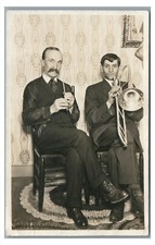RPPC Odd Couple Musicians PICCOLO and TROMBONE Band Real Photo Postcard