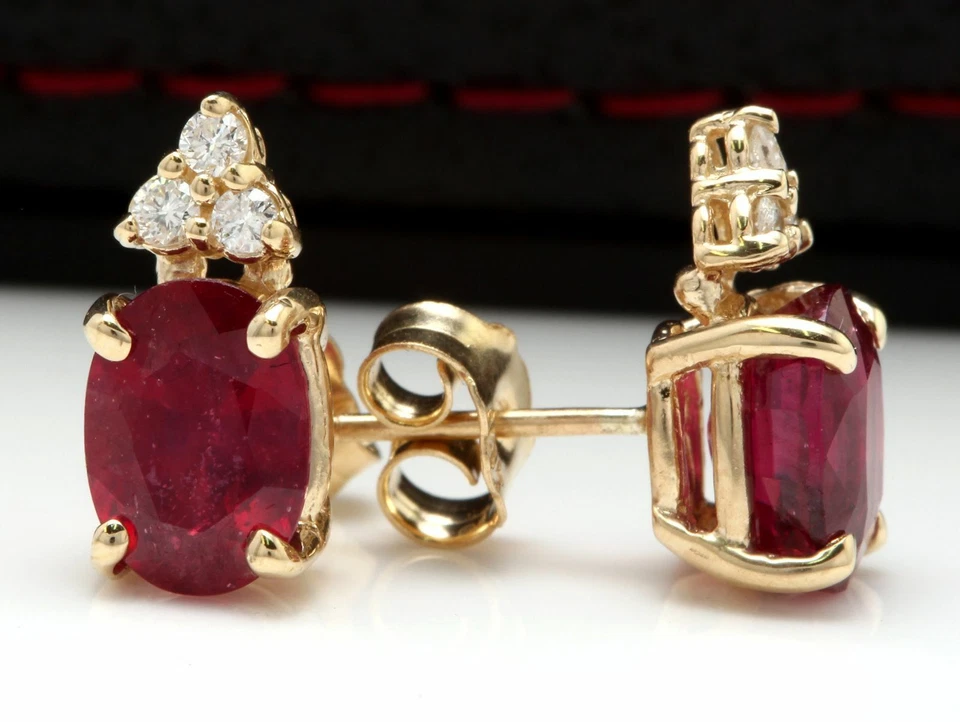 4.04 Carats Natural Red Ruby and Diamond Stud Earrings Solid 14K Yellow Gold k87 - Image 2 of 4