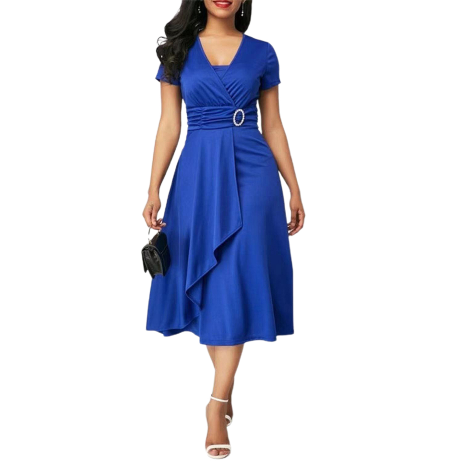 ladies-dress-short-sleeve-decorative-ring-women-high-waist-pleated