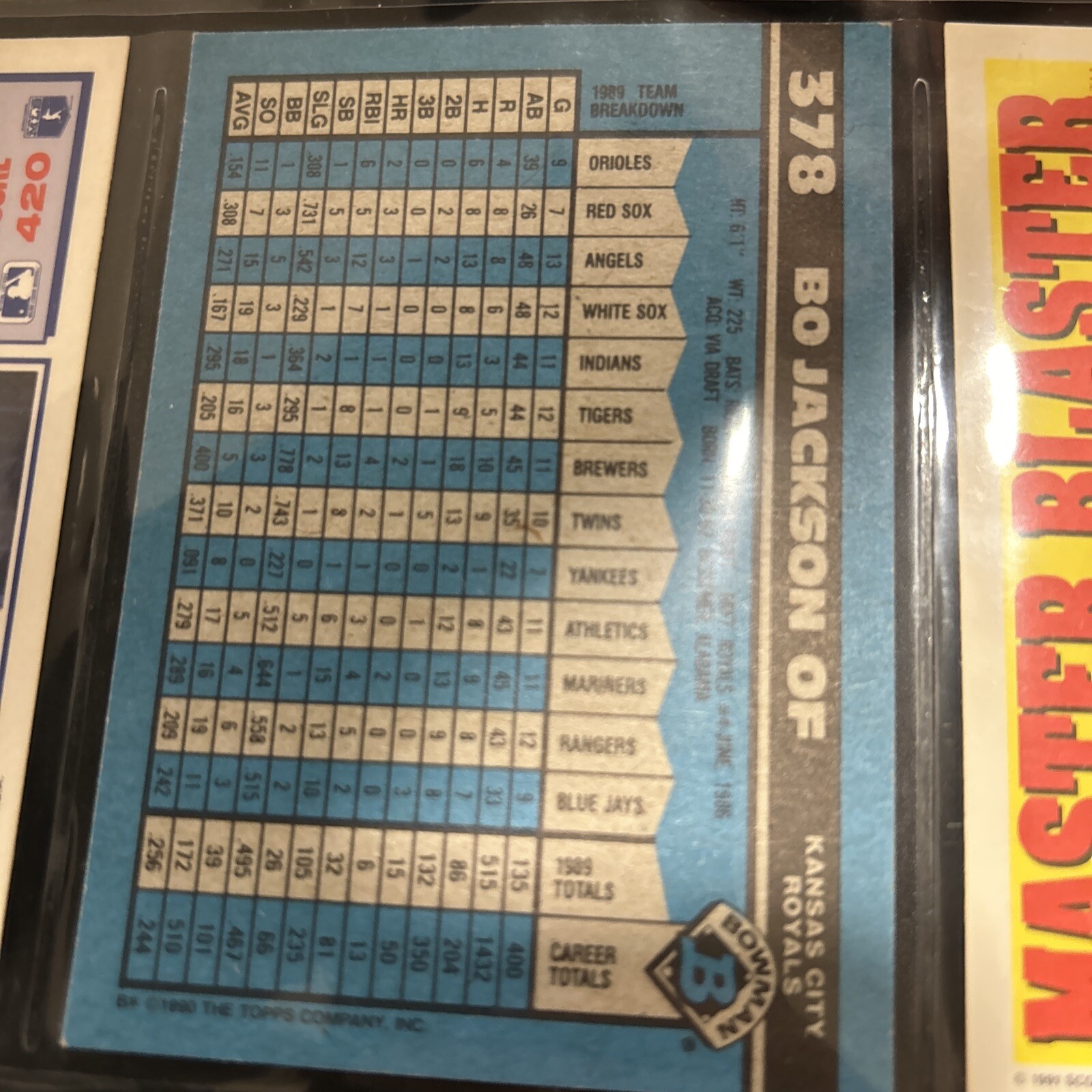 1990 Bowman Baseball Bo Jackson 378 Kansas City Royals Centered Nice