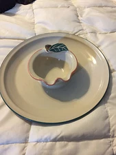 KOVACK SIGNED POTTERY BEIGE APPLE DIP AND CHIP SERVING ROUND PLATTER DÉCOR TRAY