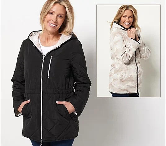 Nuage Reversible Quilted Jacket w/Hood & Cinch Waist-Black/Cream